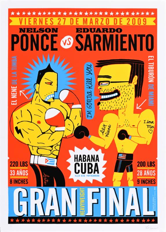 A poster of two yellow cartoon men boxing in a ring