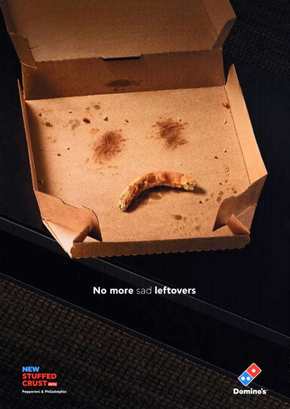 A poster of an empty pizza box with crusts forming a sad face inside