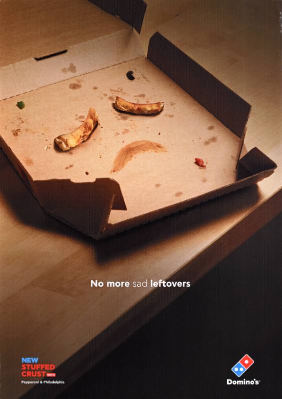 A poster of an empty pizza box with crusts forming a sad face inside