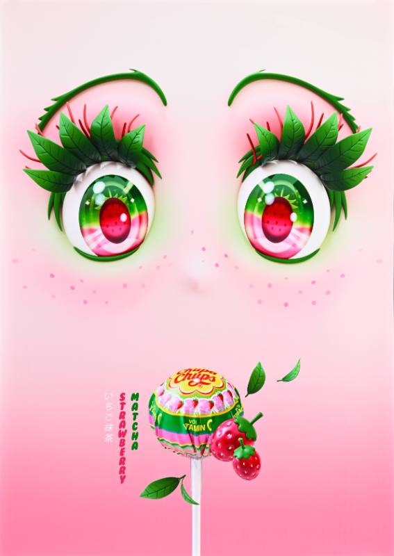 A poster of big eyes made out of strawberries above a lollipop