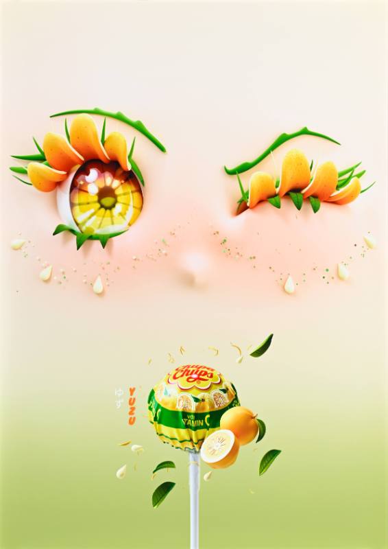 A poster of big eyes made out of orange peels above a lollipop