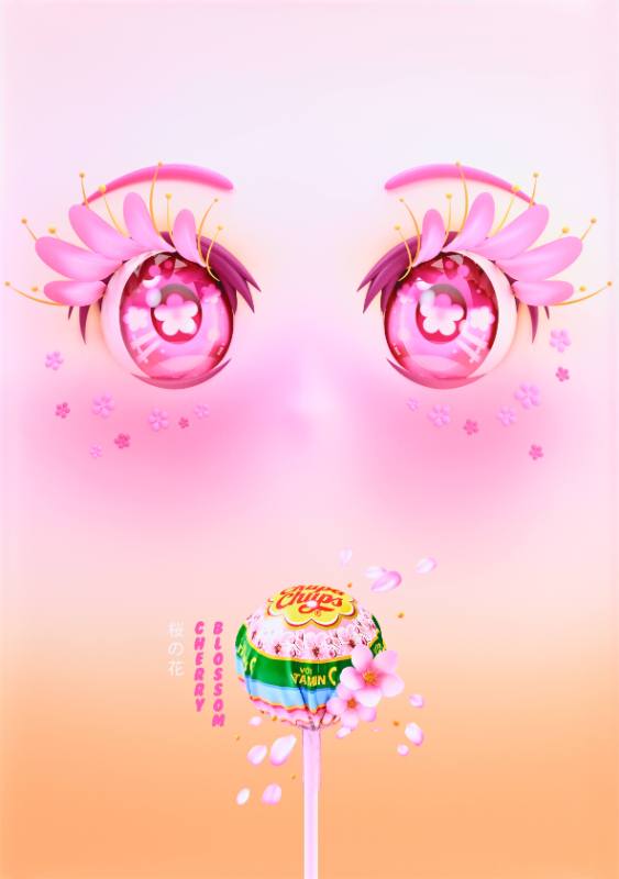 A poster of big pink eyes surrounded by tiny flowers above a lollipop