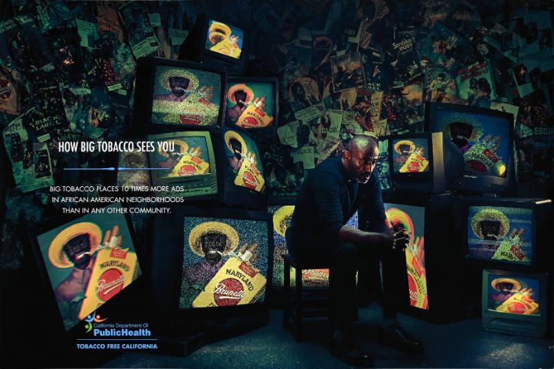 A poster of a Black man surrounded by stereotyped images of a Black man with cigarettes