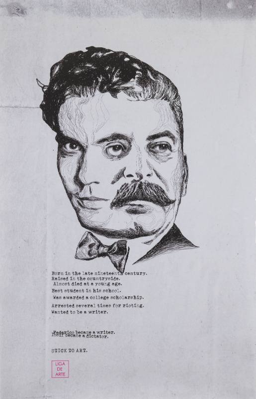 A poster of two men's heads blending in a hand drawn sketch