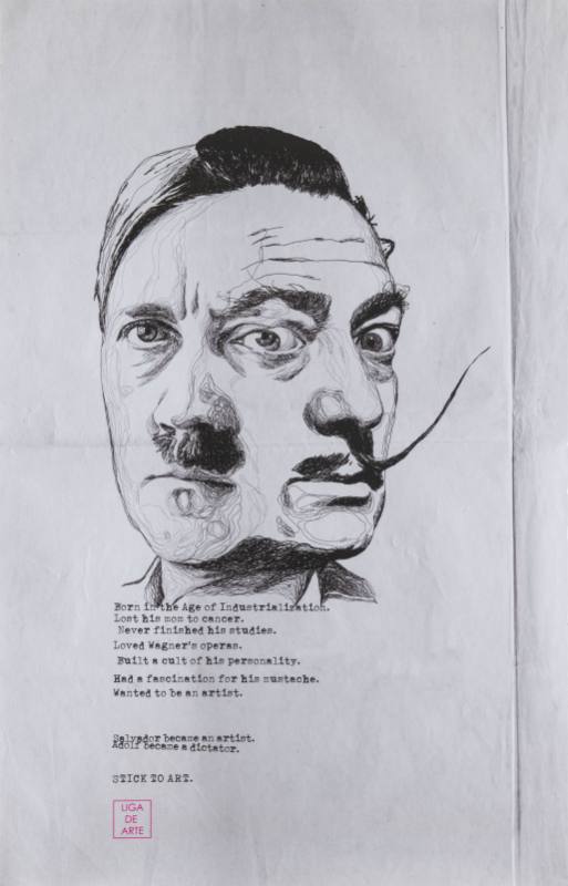A poster of two men's heads blending in a hand drawn sketch