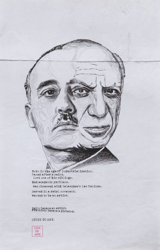 A poster of two men's heads blending in a hand drawn sketch