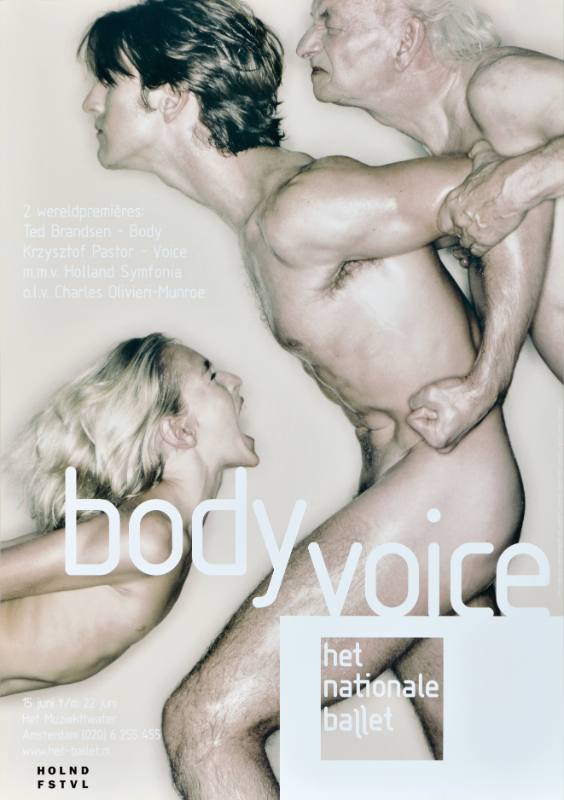 A poster of a nude man and woman charging at one another