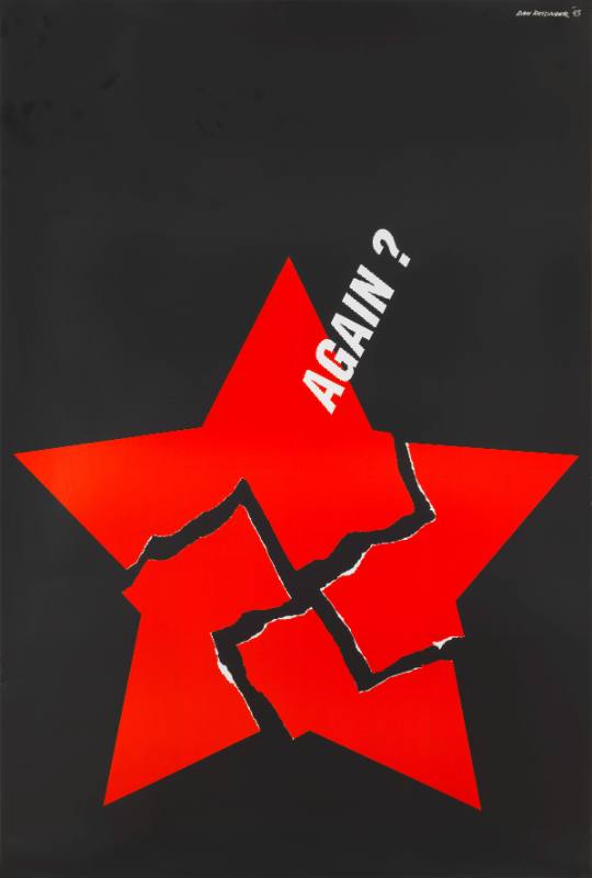 A poster of a hammer and sickle forming the shape of letters on a red background