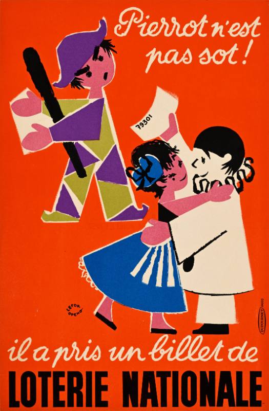 A poster of a cartoon woman kissing a cartoon clown on an orange background