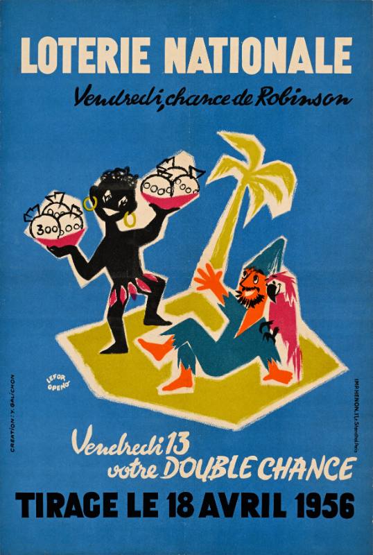 A poster of a Black figure holding bags of cash approaching a smiling white sailor shipwrecked on an island