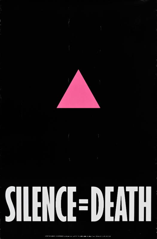 A poster of a pink triangle on a black background