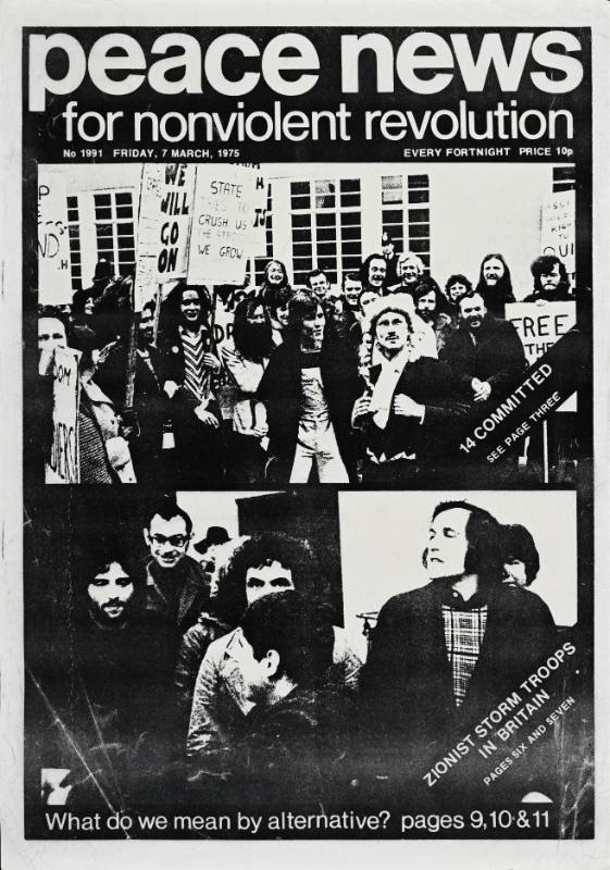 A poster of crowds of protestors printed in black and white