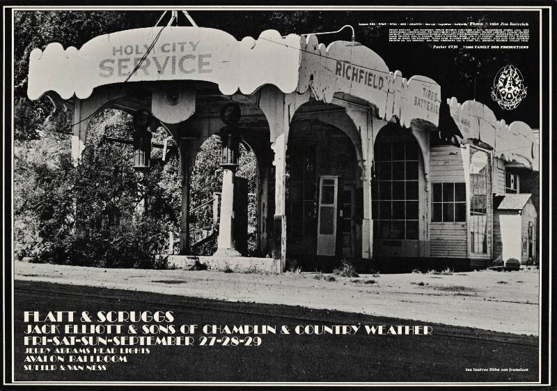 A poster of a gas station in black and white