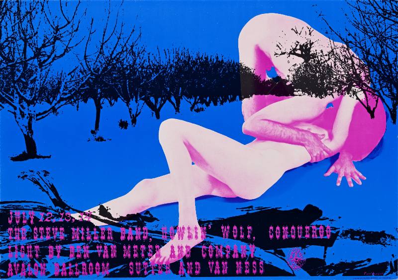 A poster of a psychedelic wolf eating a person in a forest