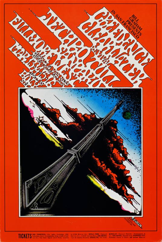 A poster of a psychedelic tower against a sunset background