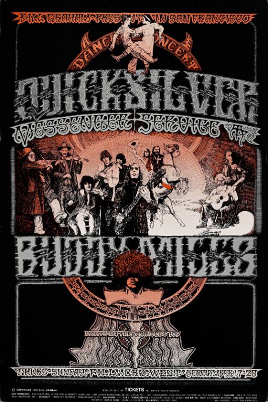 A poster of a group of musicians on a psychedelic black background