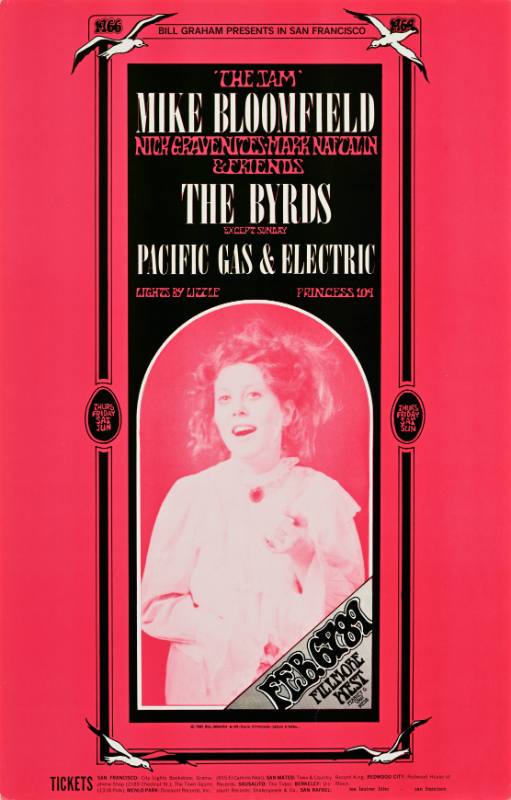 A poster of a woman on a pink background