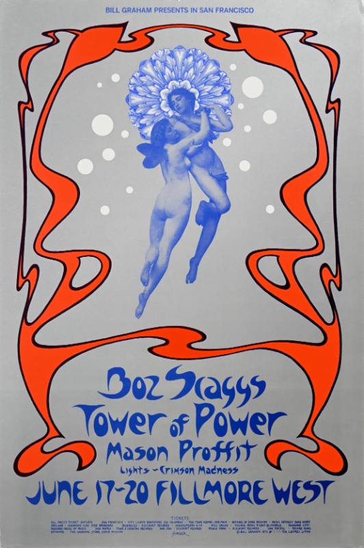 A poster of cupids dancing on a silver background