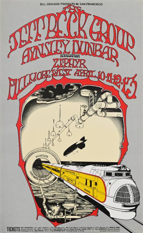 A poster of a psychedelic train on a silver background