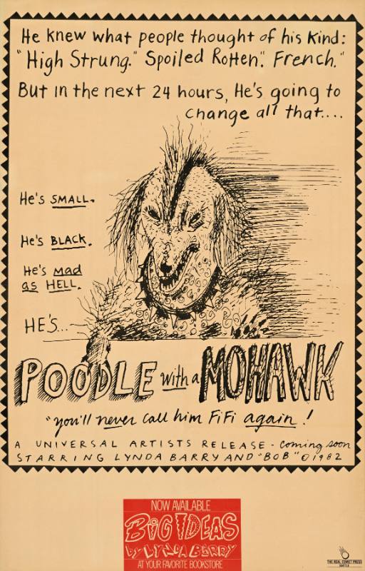 A poster of a cartoon angry poodle with spiky hair