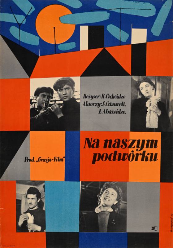 A poster with photographs of white men and woman spaced inside a house made out of abstract blocks of color