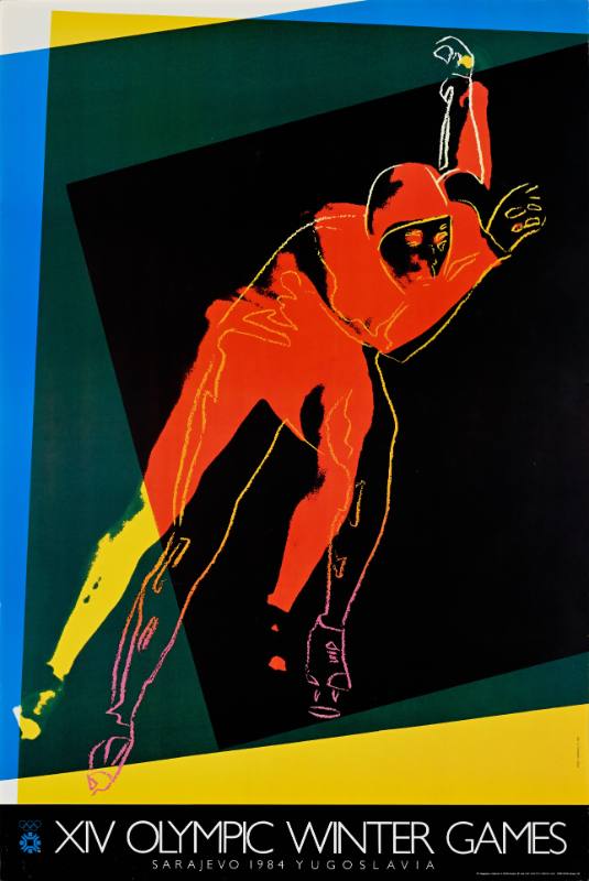A poster of a ice skater printed in blocks of abstract color
