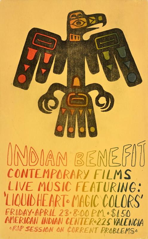 A poster of a black stamped bird with rainbow geometric detailing flying above rainbow text