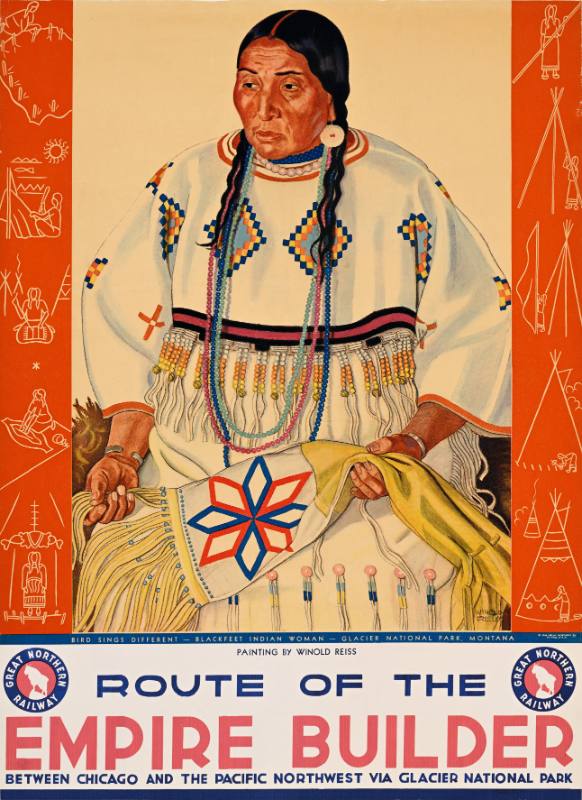 A poster of a Native American woman in a long beaded dress