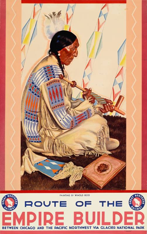 A poster of a Native American man holding a pipe inside a geometric tent