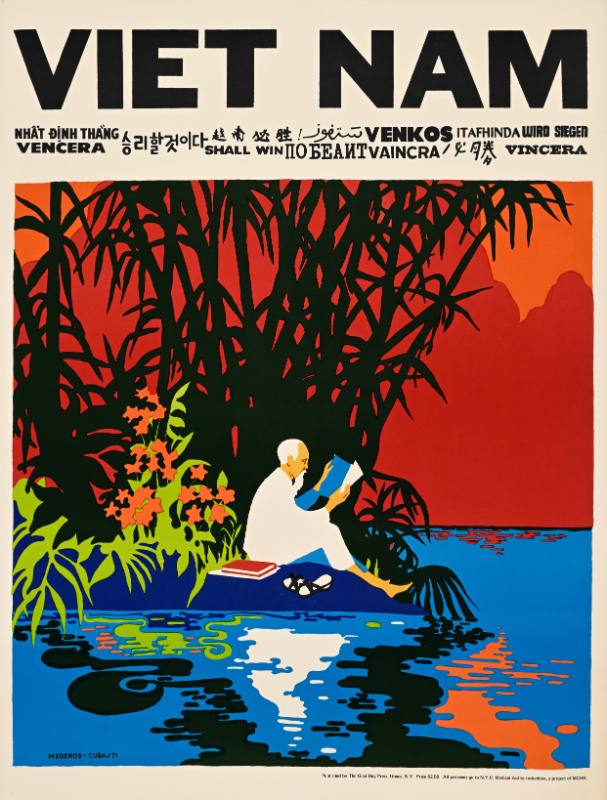 A poster of a man sitting on an island at sunset