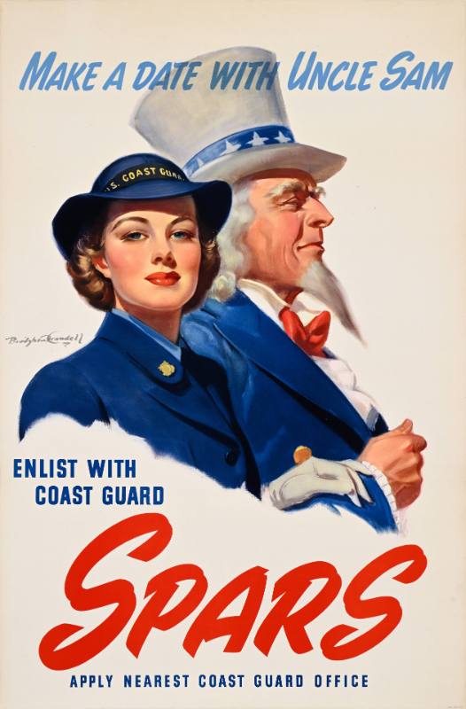 A poster of a white woman in a blue uniform standing next to Uncle Sam