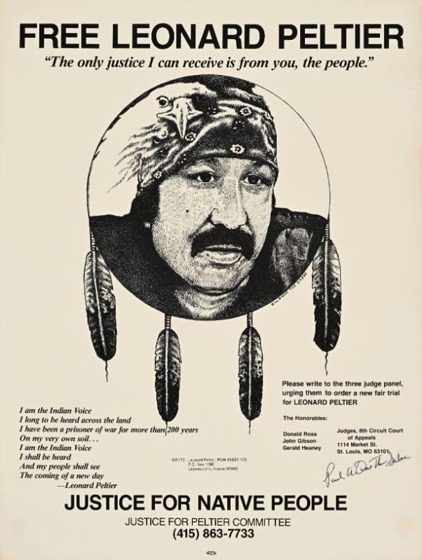 A poster of a serious looking Native American man with an eagle over his head in a circle with four feathers hanging down from it