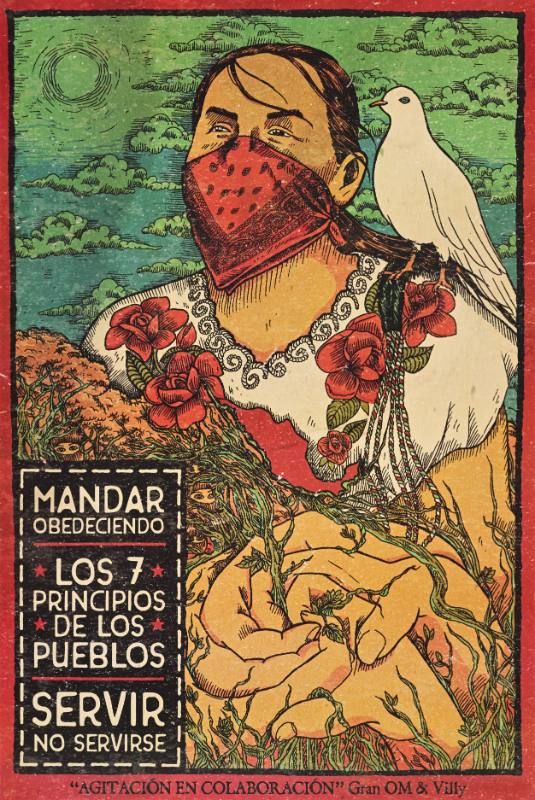 A poster of a woman in a mask with a dove on her shoulder