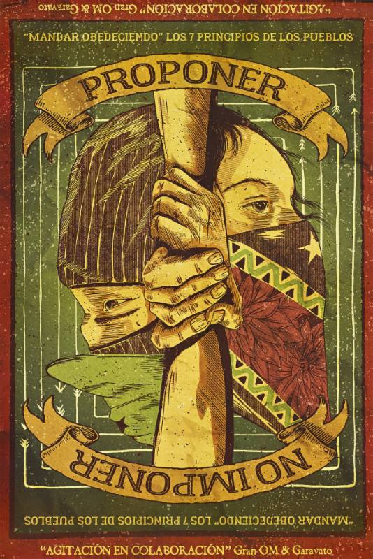 A poster of four hands holding one another in a cross in front of a person's face