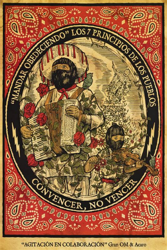 A poster of men and women in masks playing instruments