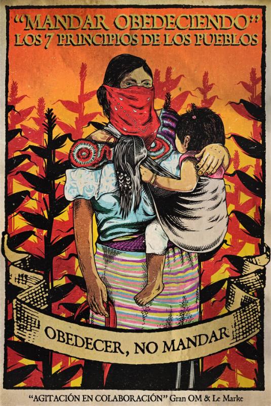 A poster of a woman with a child in masks in front of a fire