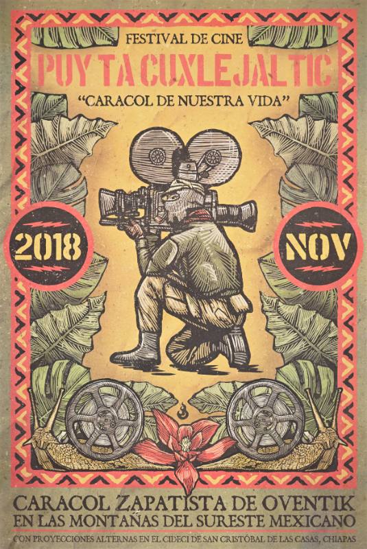 A poster of a man with a film reel in a jungle