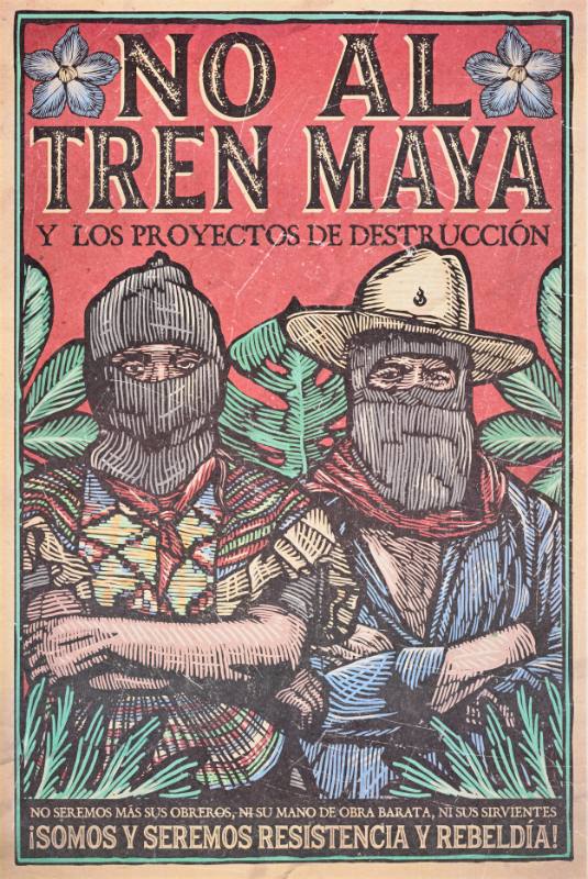 A poster of rebels in masks standing with their arms crossed in a jungle