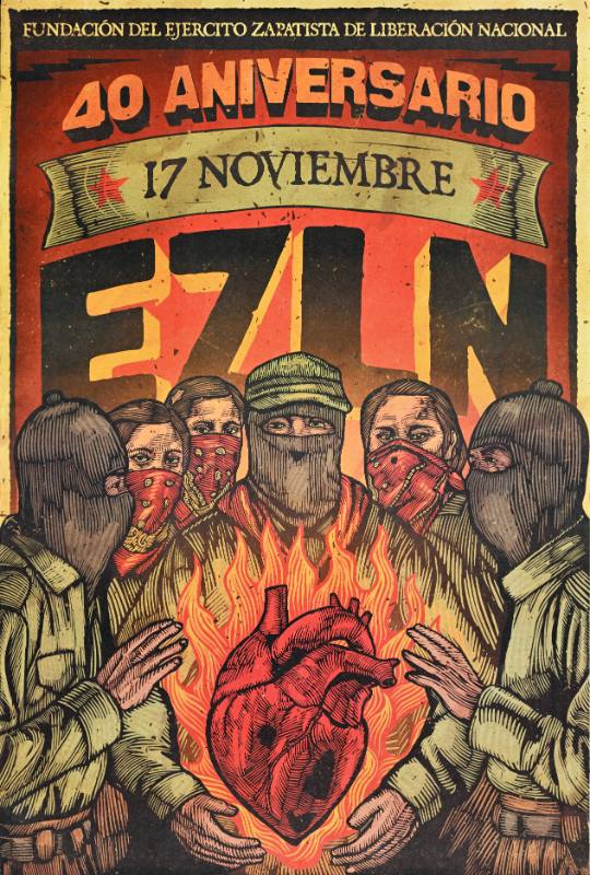 A poster of men in masks standing in a circle