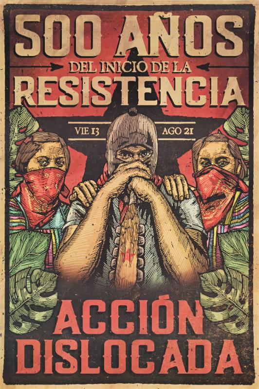 A poster of three figures in masks standing in a line