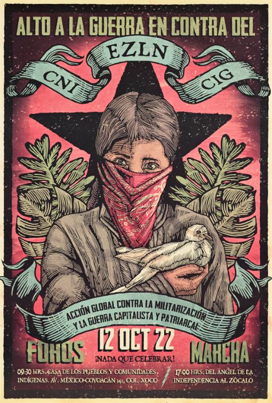 A poster of a figure in a mask holding a dove