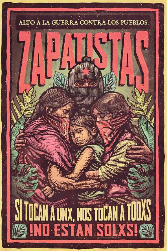 A poster of a masked militant holding three young children in masks