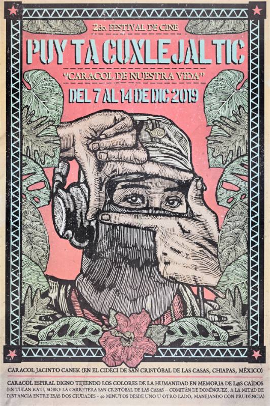 A poster of a man in a mask holding his fingers up to his eyes