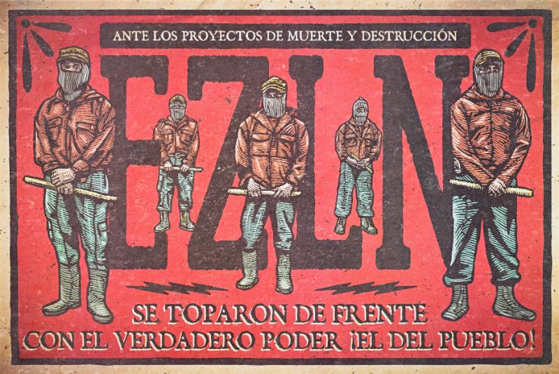 A poster of a row of masked protestors next to large black letters