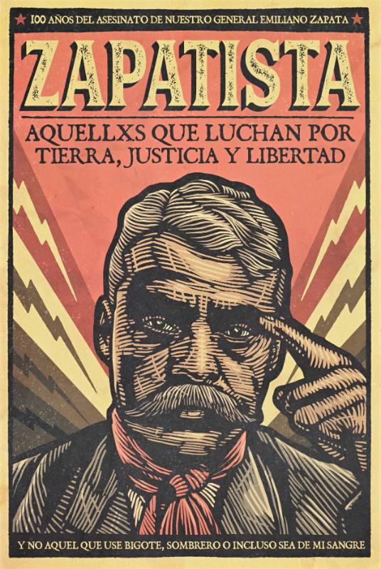 A poster of a man in a red neck scarf pointing to his head