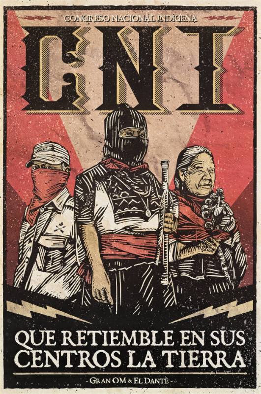 A poster of three masked militants below fuzzy black letters