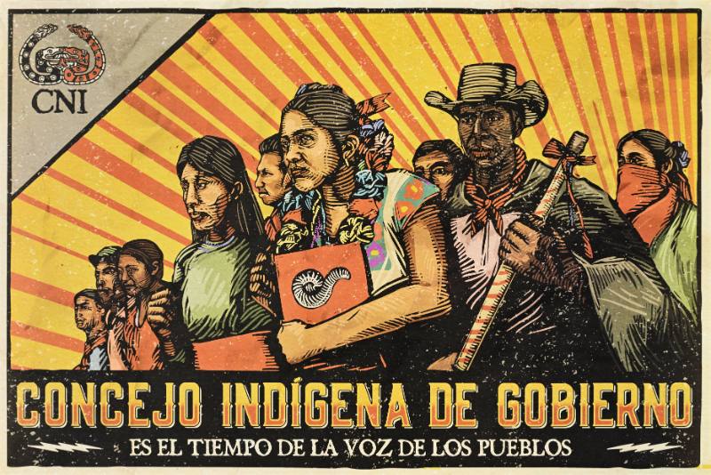 A poster of a line of protestors