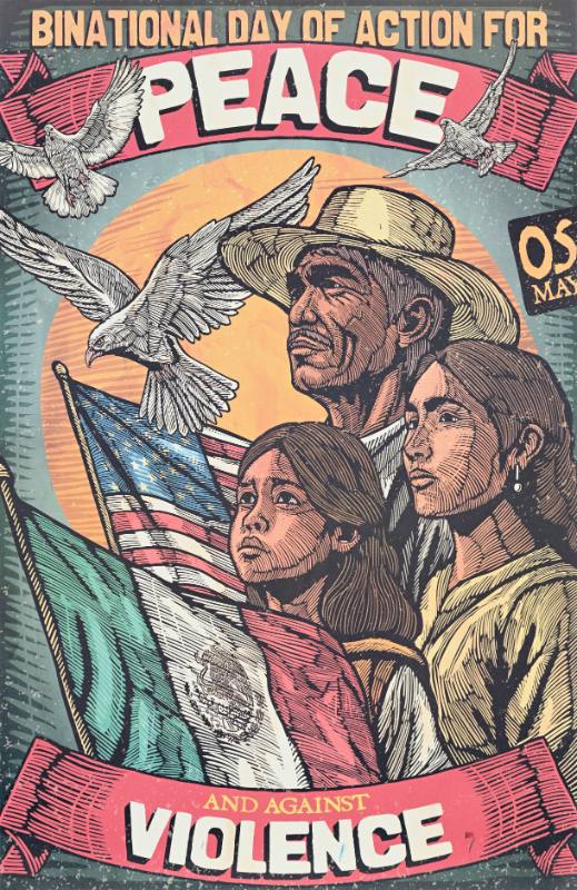 A poster of a man, woman, and child holding Mexican and American flags