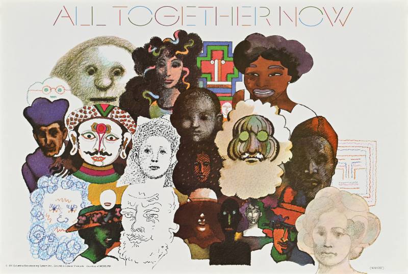 A poster of colorful faces on a white background