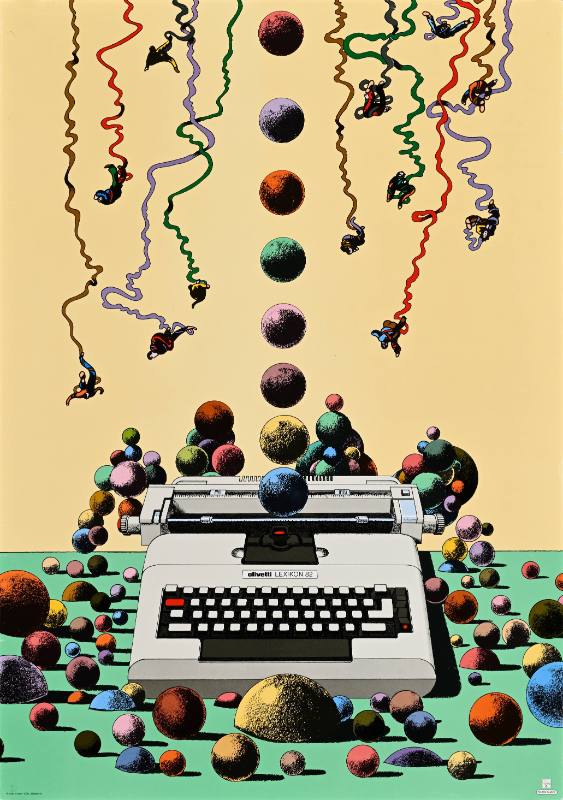 A poster of a typewriter surrounded by colorful spheres